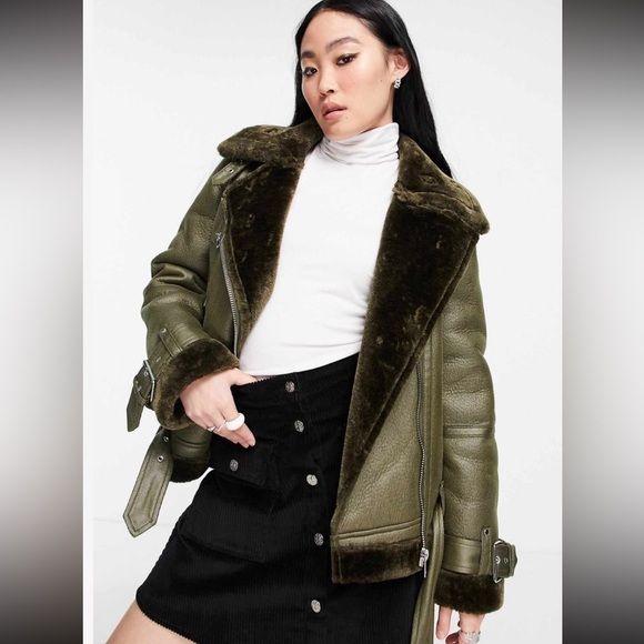 Topshop Olive Green Faux Leather Jacket - Picture 2 of 7